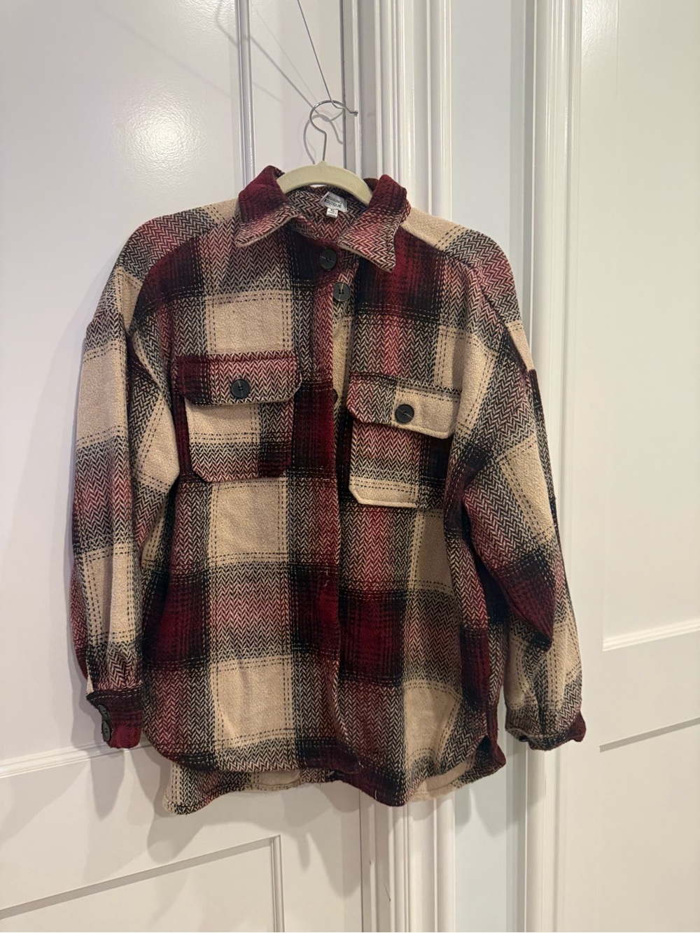 Beginning Boutique Plaid Coat in Cream, Burgundy, and Black